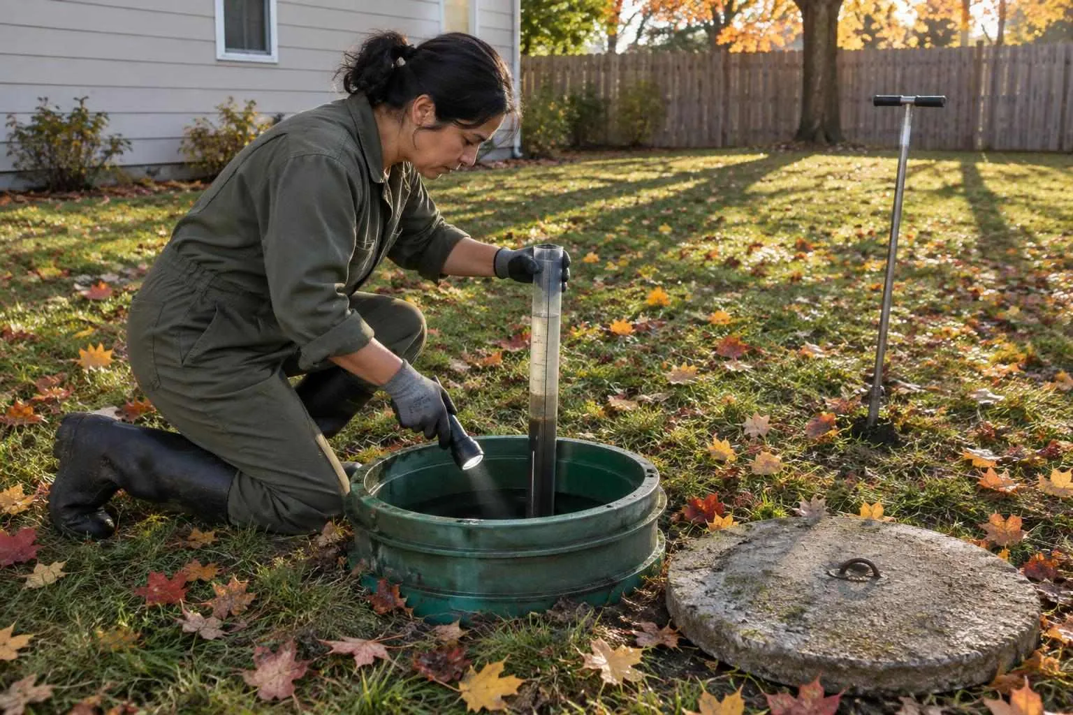 Septic inspector kneeling in an autumn backyard, lowering a clear sludge-judge tube into an open tank riser by flashlight.