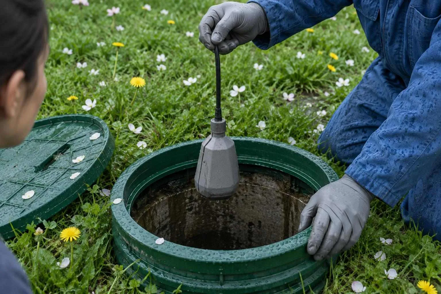 Gloved hands lift a pump float switch from an open septic riser in light rain as an inspector checks that it trips.