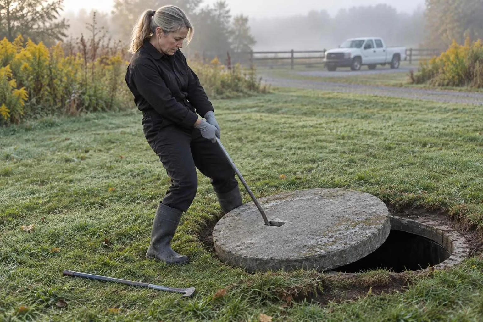 A septic inspector in black coveralls hauls a heavy concrete tank lid aside with a steel hook on a misty lawn at dawn.