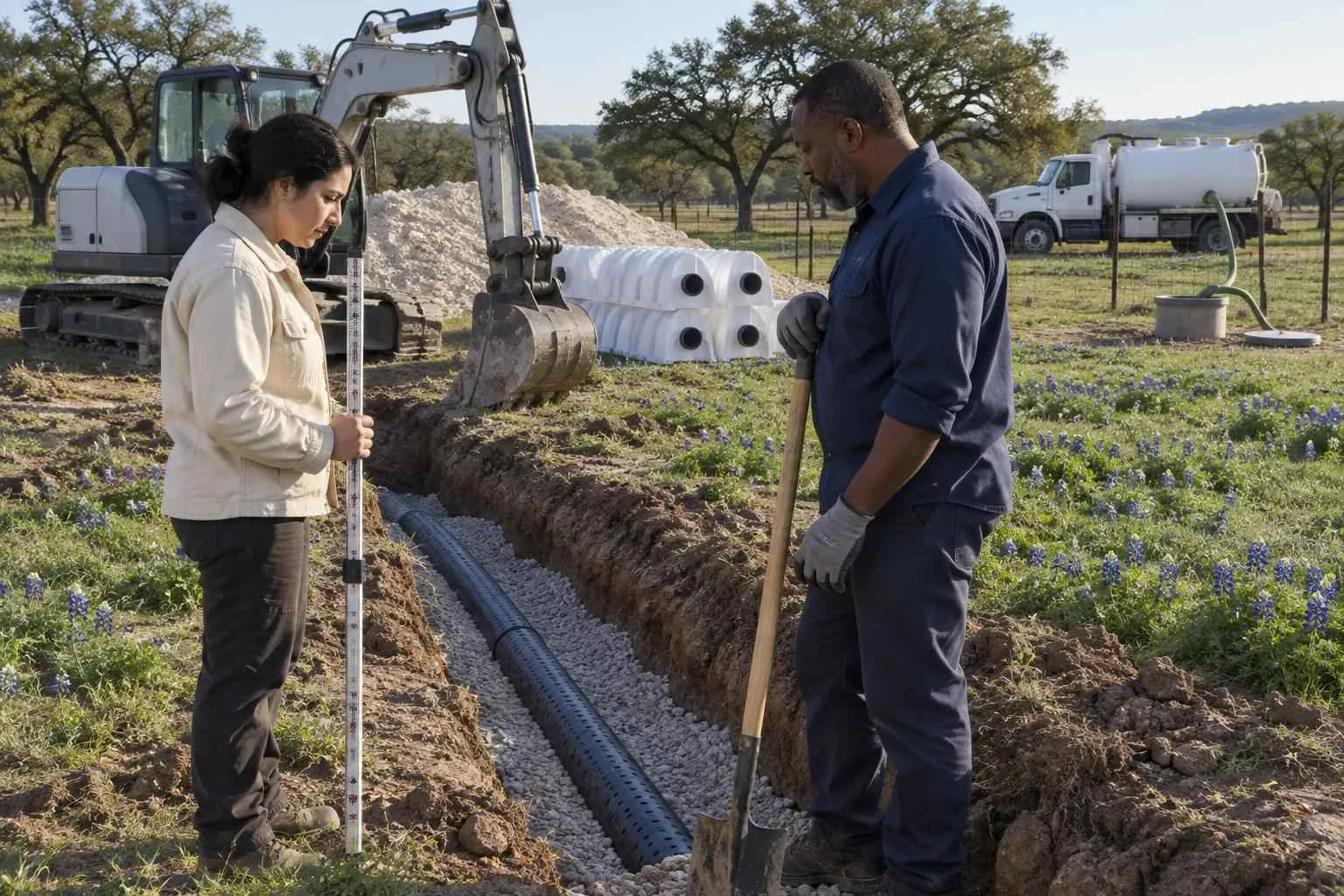 Septic inspector and installer look into a new drainfield trench while an excavator and a pump truck work nearby.