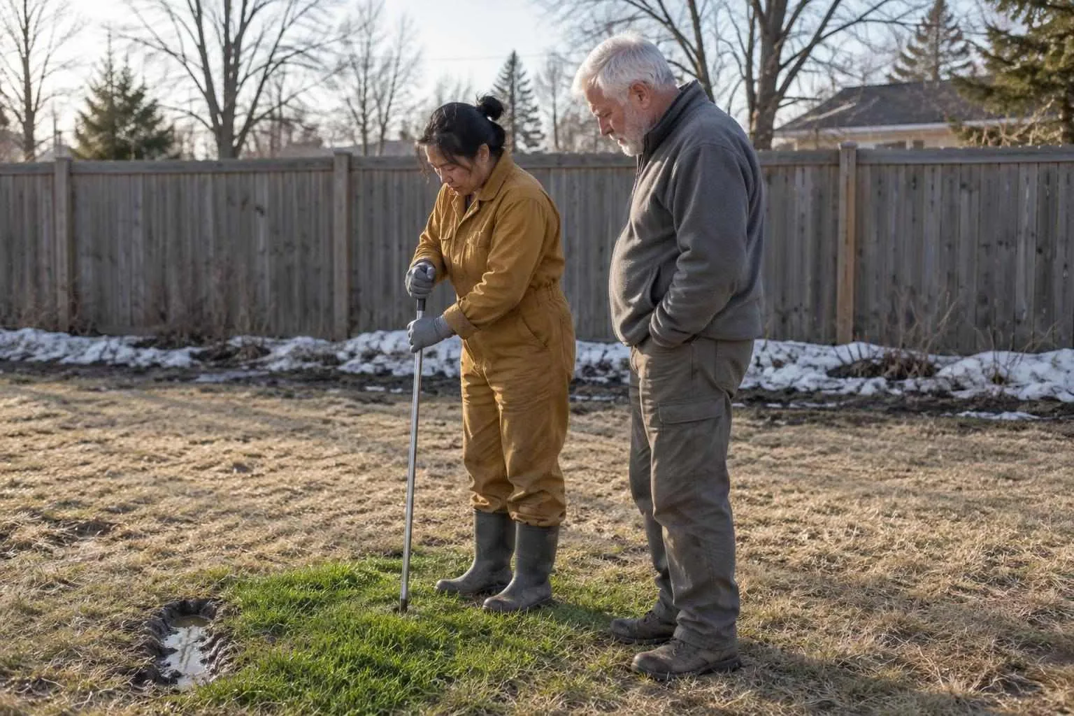 An inspector presses a probe rod into a green patch of thawing lawn while a homeowner looks on, with old snow along the fence.