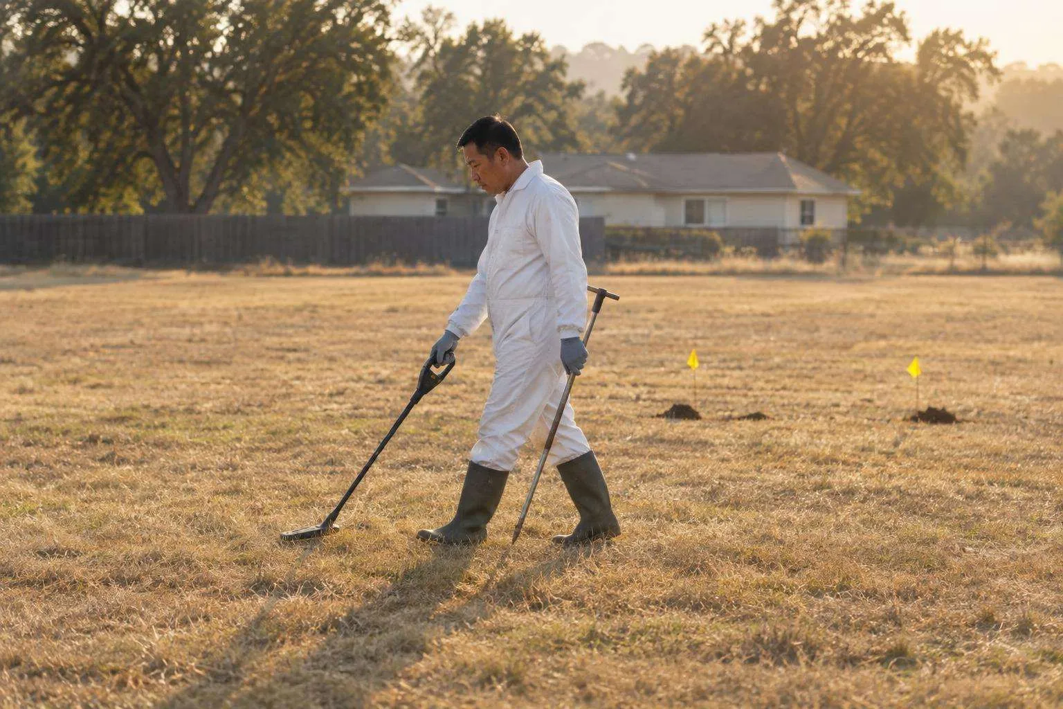 Septic inspector sweeping a locator wand across a dry summer lawn to find a buried tank, a probe rod in his other hand.