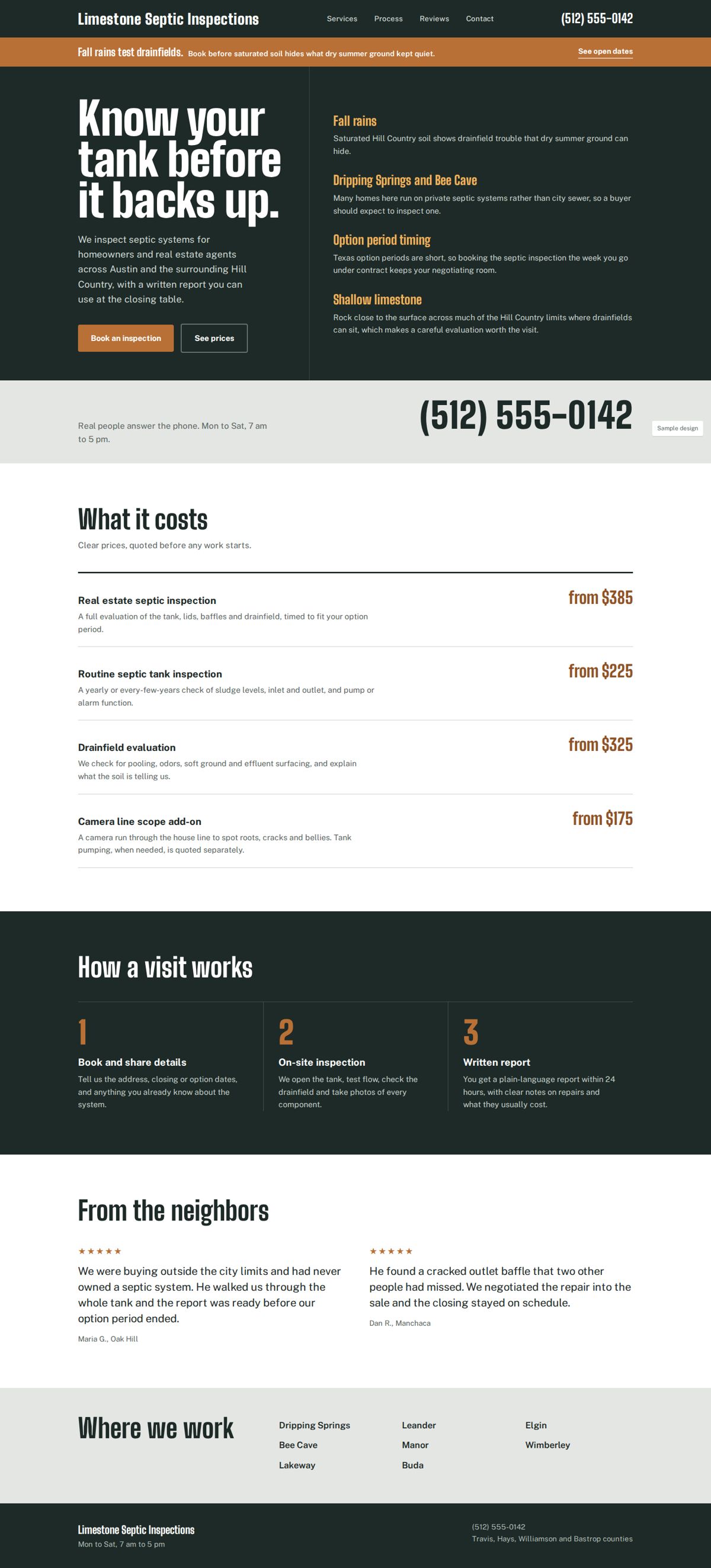 Full page of a sample business website, desktop view